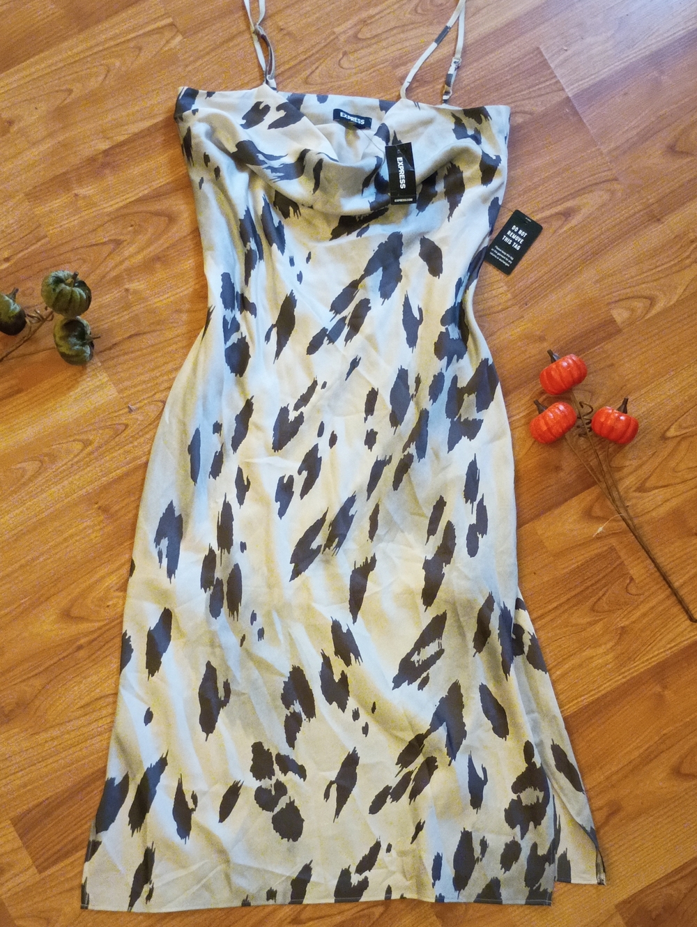 Express Cream Slip Midi Dress with Black Abstract Print